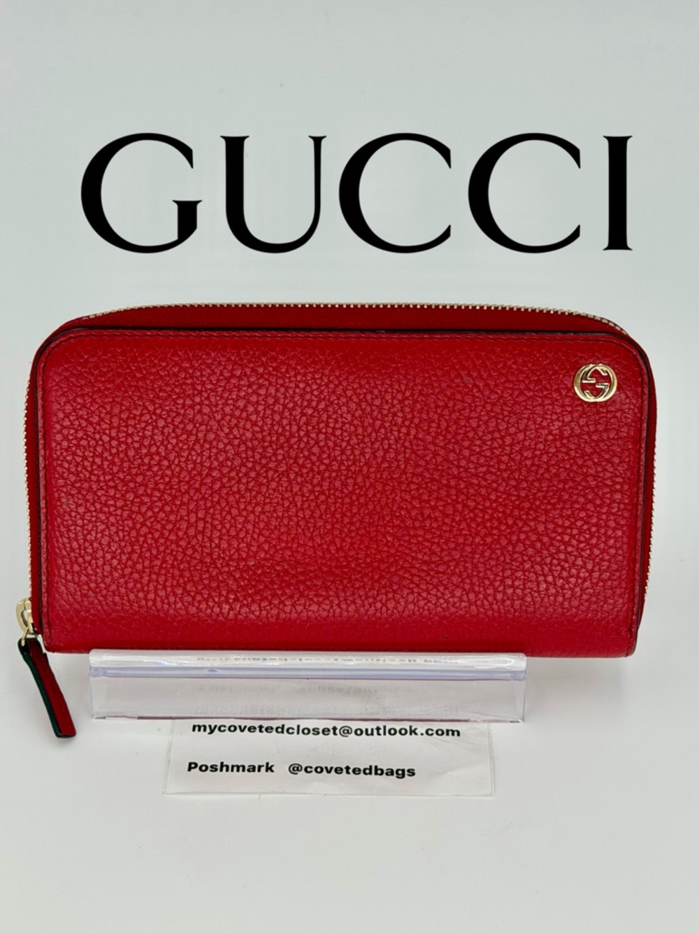 Gucci Red Pebbled Leather Zip Around Wallet with Gold Logo
